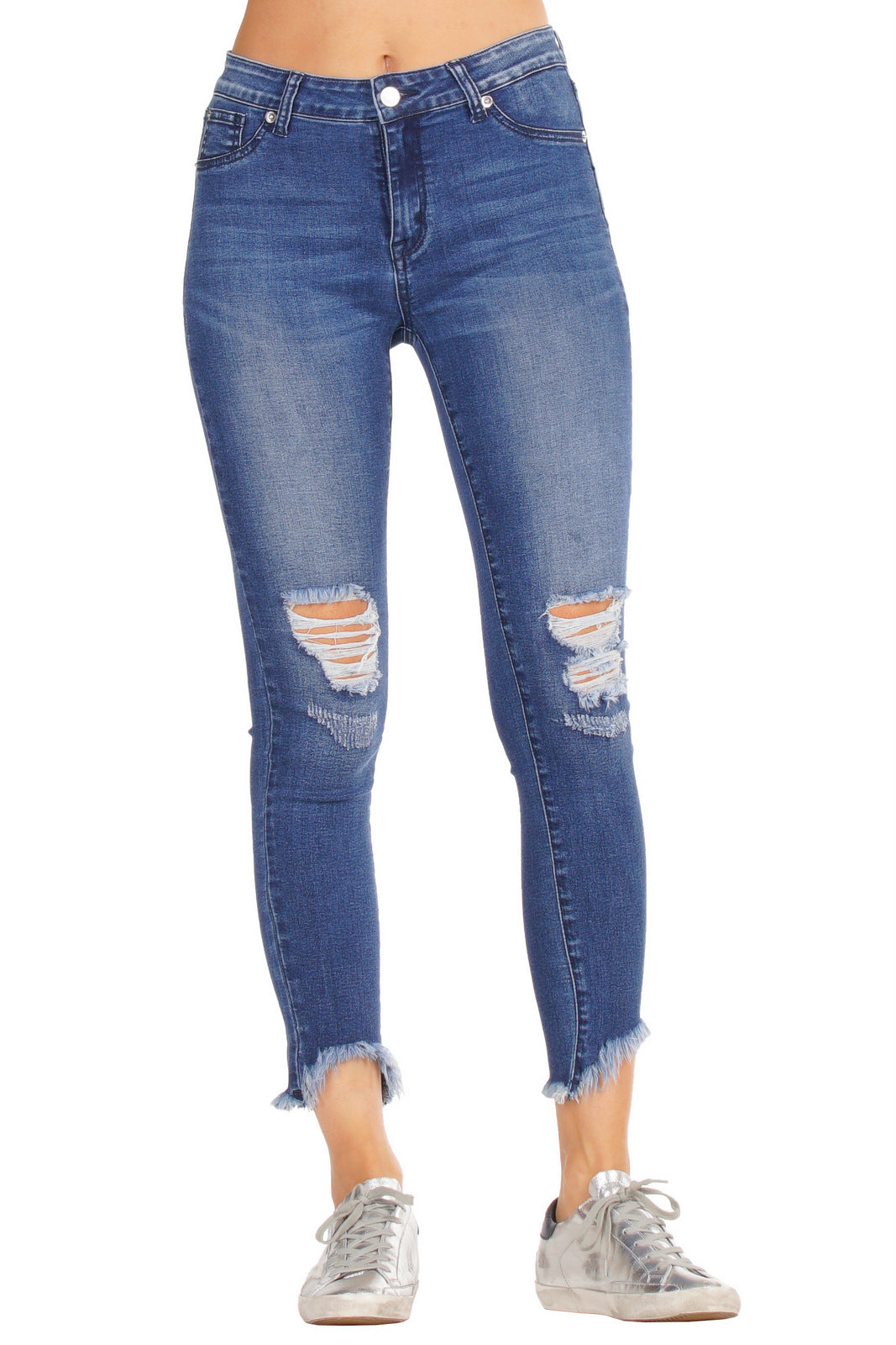 Mid Rise Distressed Skinny Jeans with Shark Tooth Frayed Hem