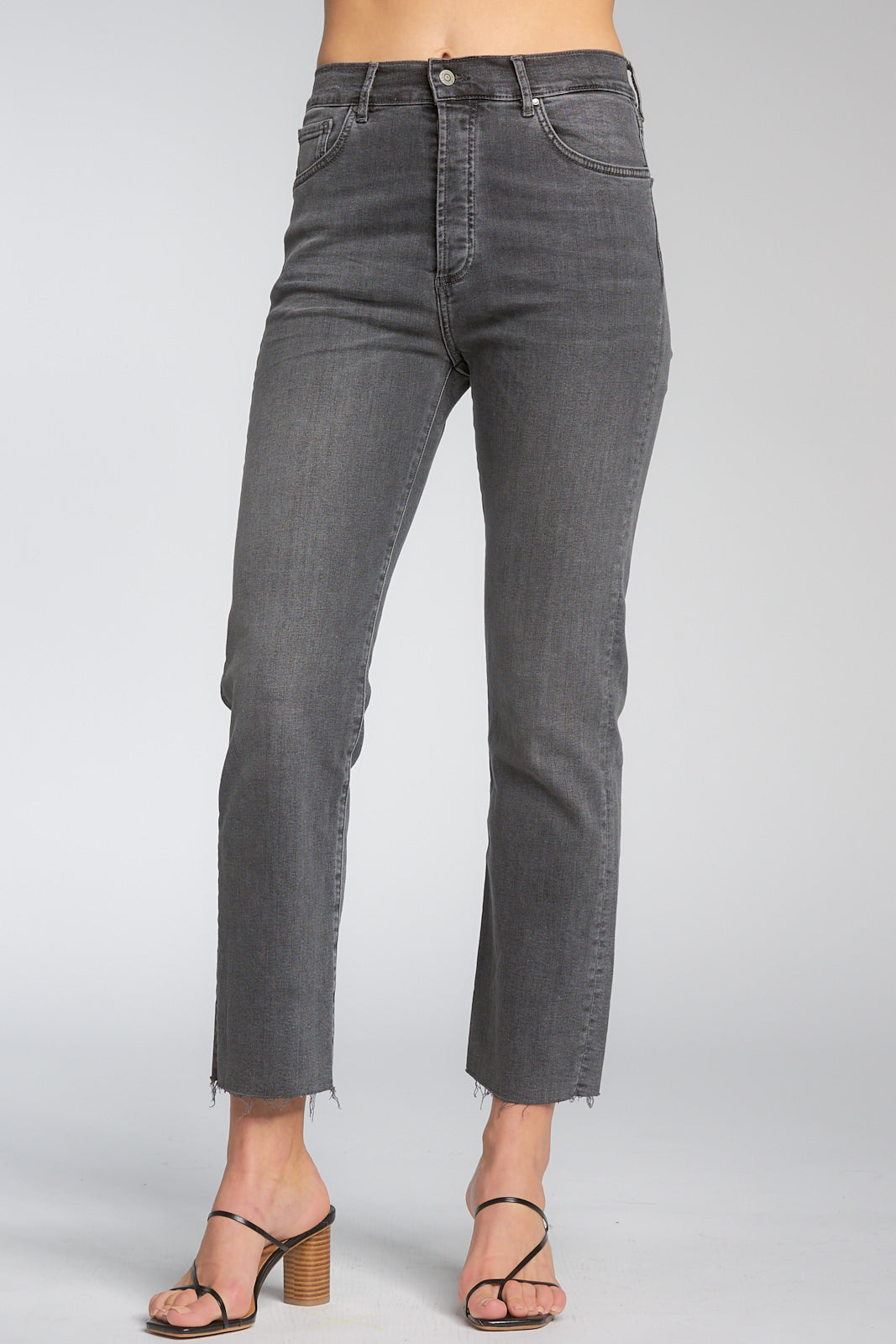 Mid Rise Grey Straight Leg Raw Hem Jeans