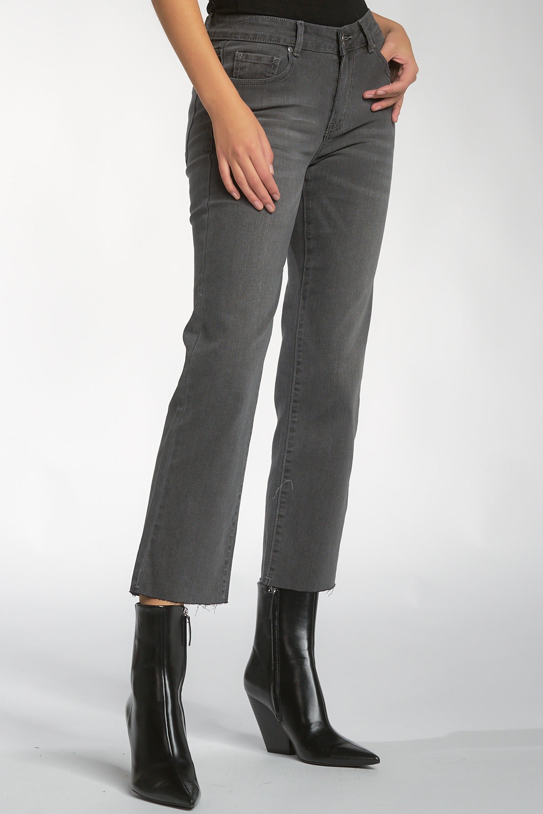 Mid Rise Grey Straight Leg Raw Hem Jeans