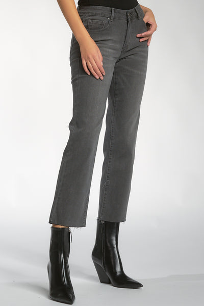 Mid Rise Grey Straight Leg Raw Hem Jeans