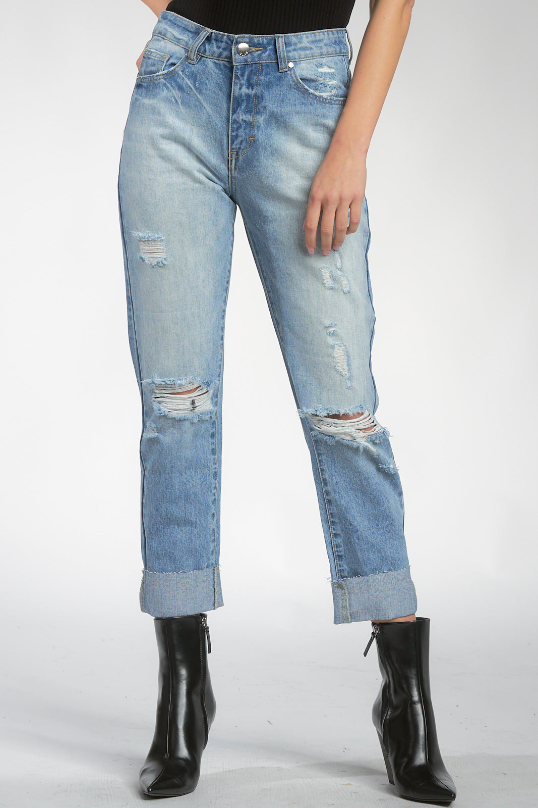 High Rise Boyfriend Jeans with Rips and Cuff Hem
