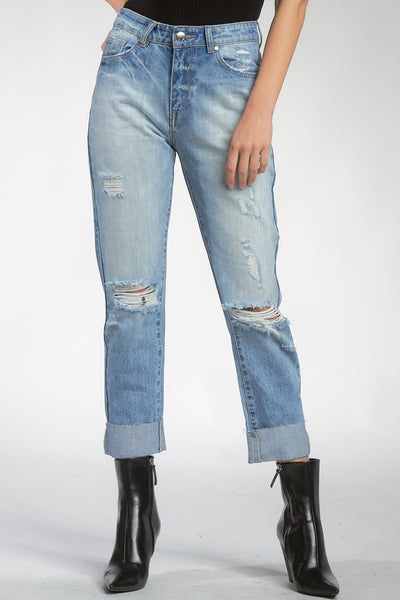 High Rise Boyfriend Jeans with Rips and Cuff Hem