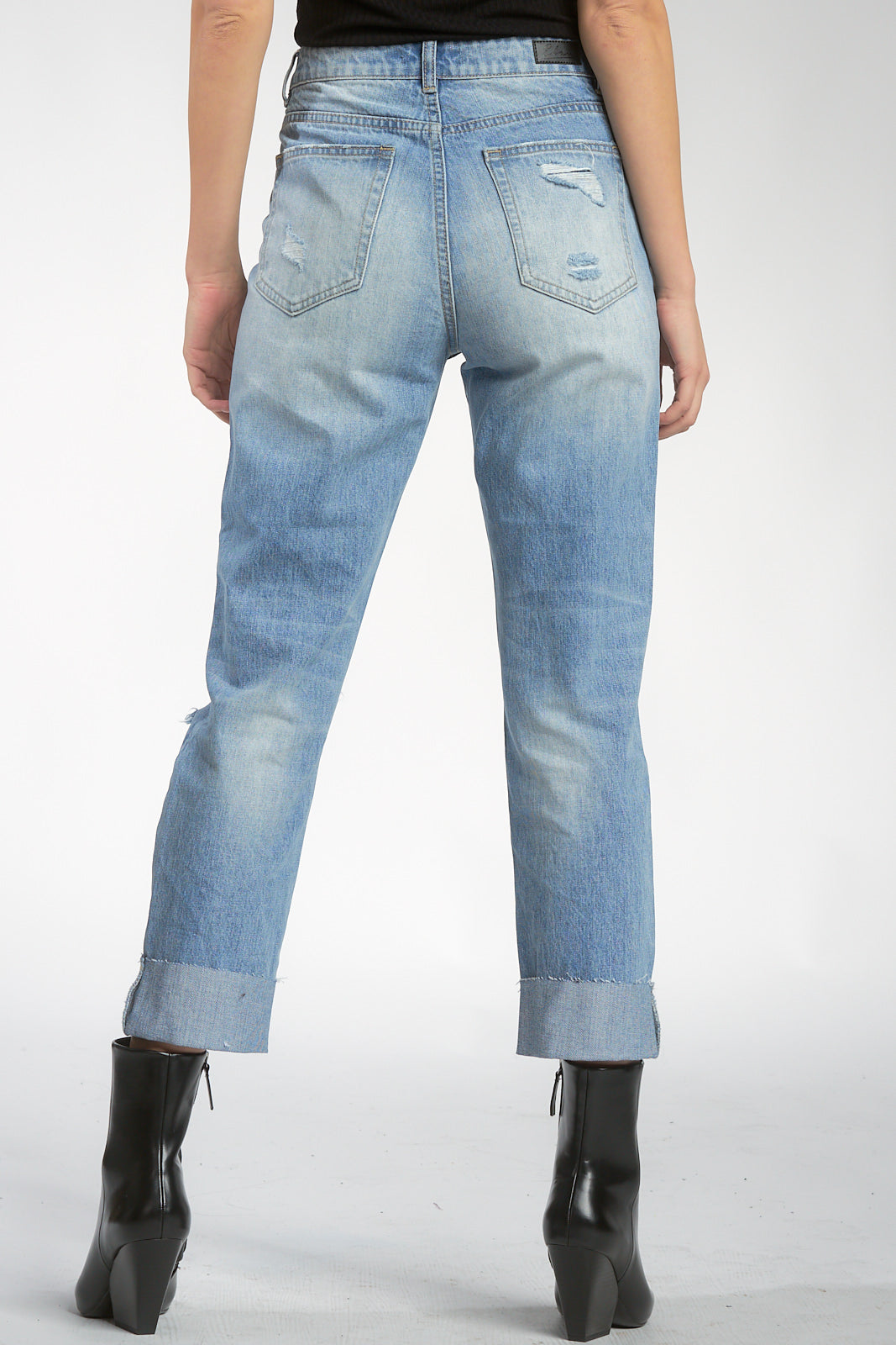 High Rise Boyfriend Jeans with Rips and Cuff Hem