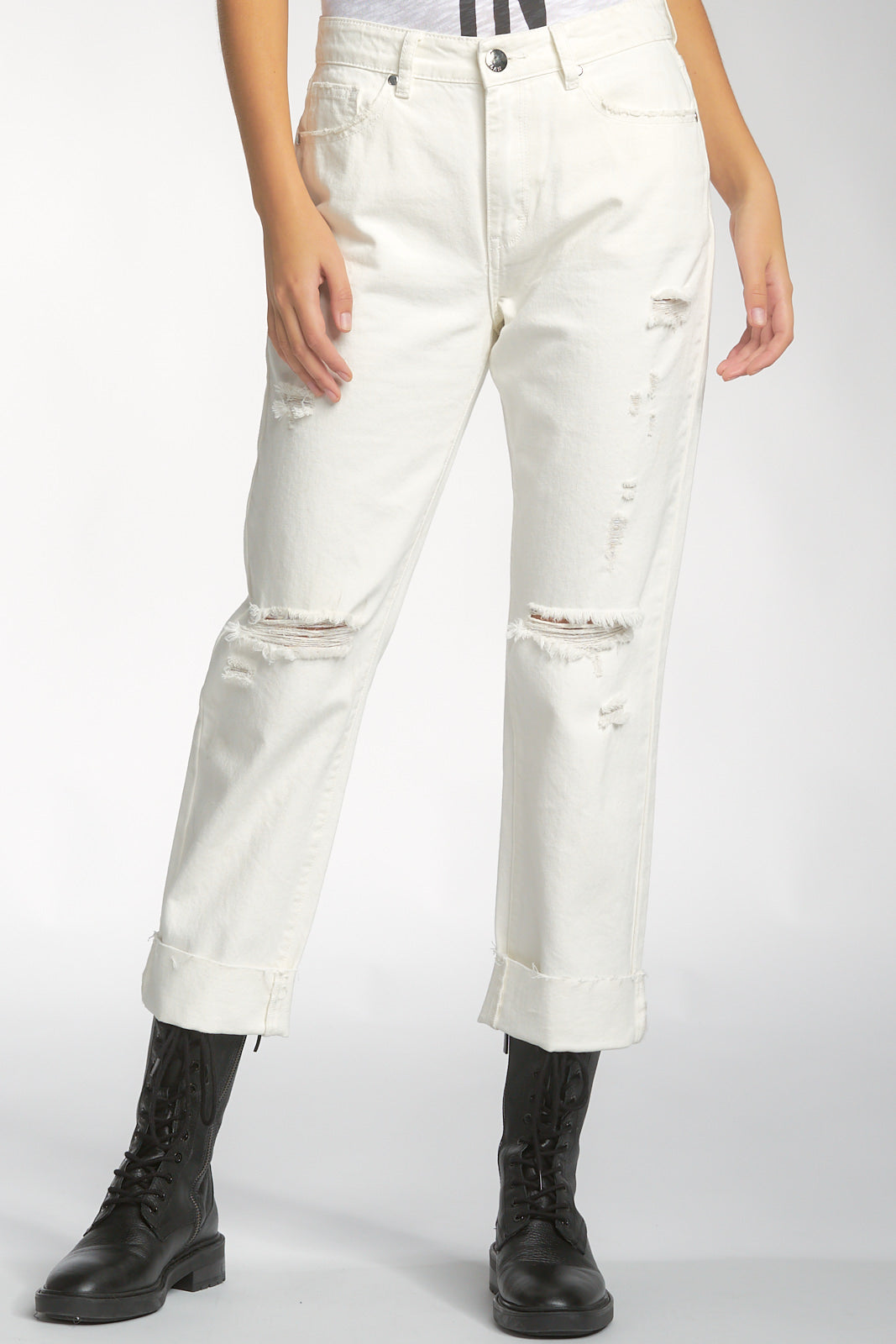 High Rise Boyfriend Jeans with Rips and Cuff Hem