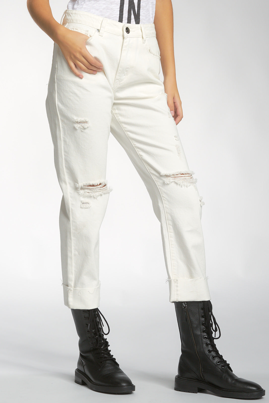 High Rise Boyfriend Jeans with Rips and Cuff Hem