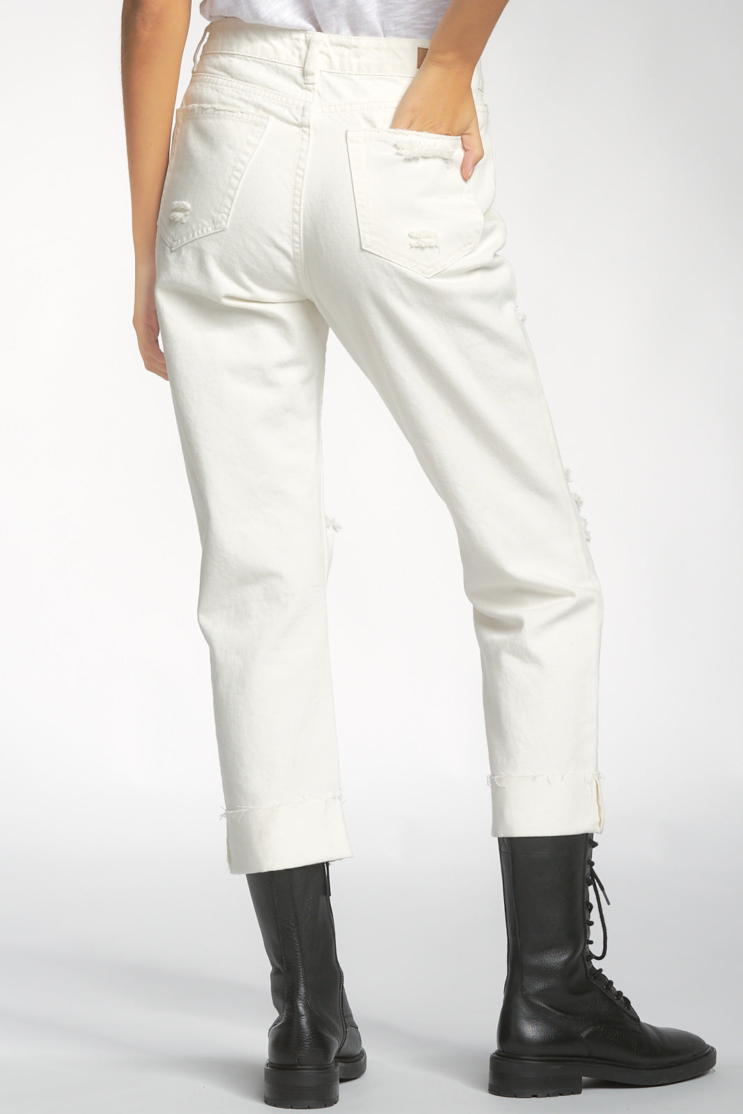 High Rise Boyfriend Jeans with Rips and Cuff Hem