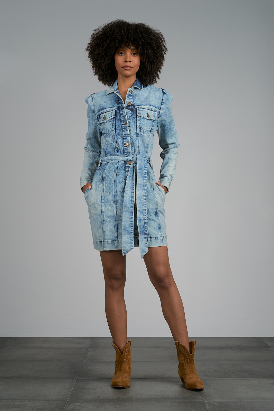 ELan Denim Wash Long Sleeve Mini Dress