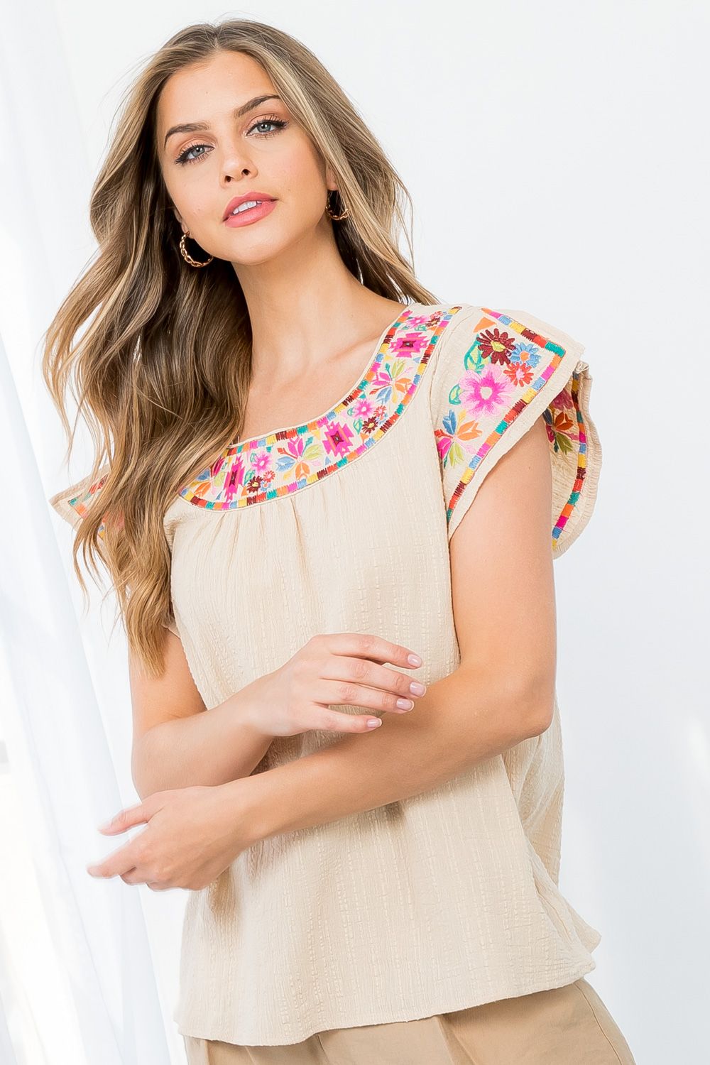 THML Ivory Embroidered Flutter Sleeve Top