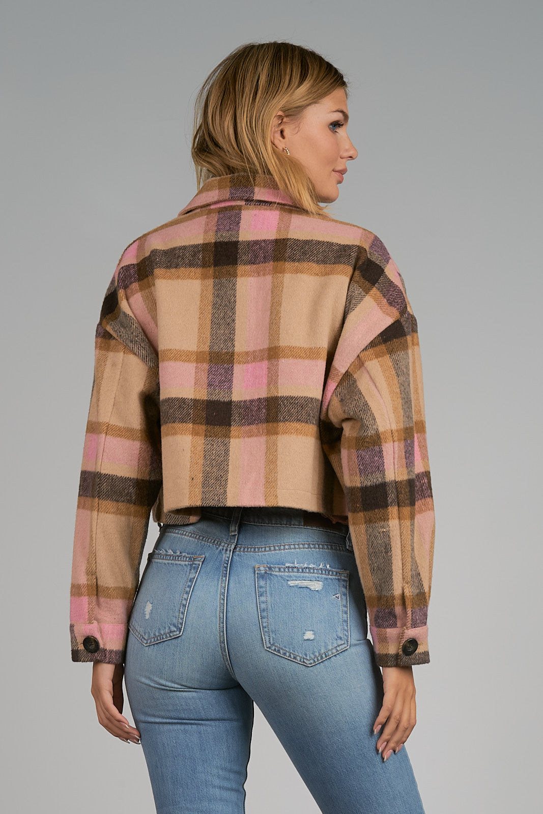 Elan Pink/Brown Plaid Crop Jacket