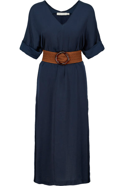 Navy Blue Short Sleeve Belted Dress