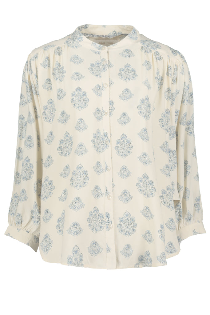 Cream and Blue Print Dolman Sleeve Top