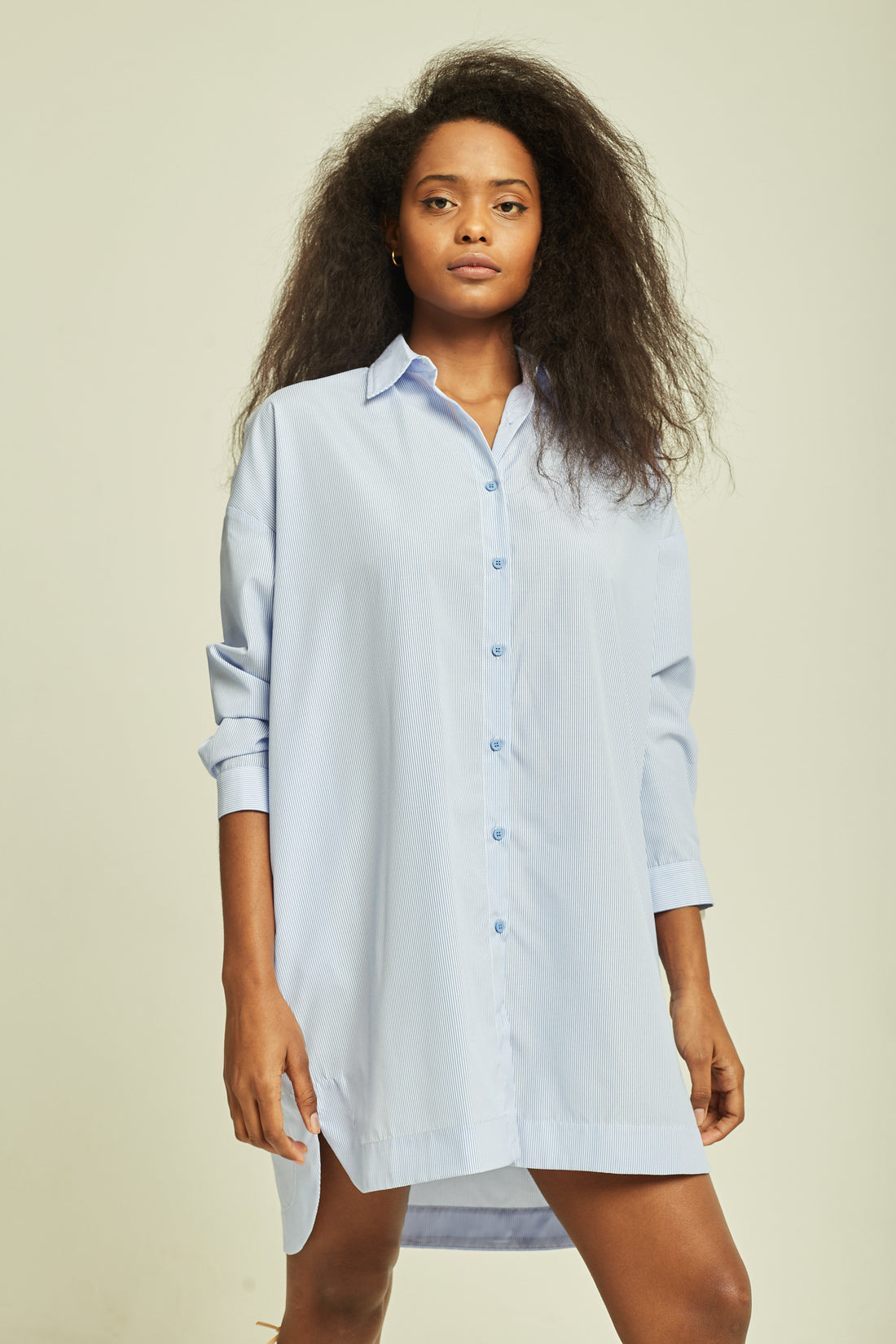 Deluc Lila Blue White Pinstripe Shirt Mini Dress