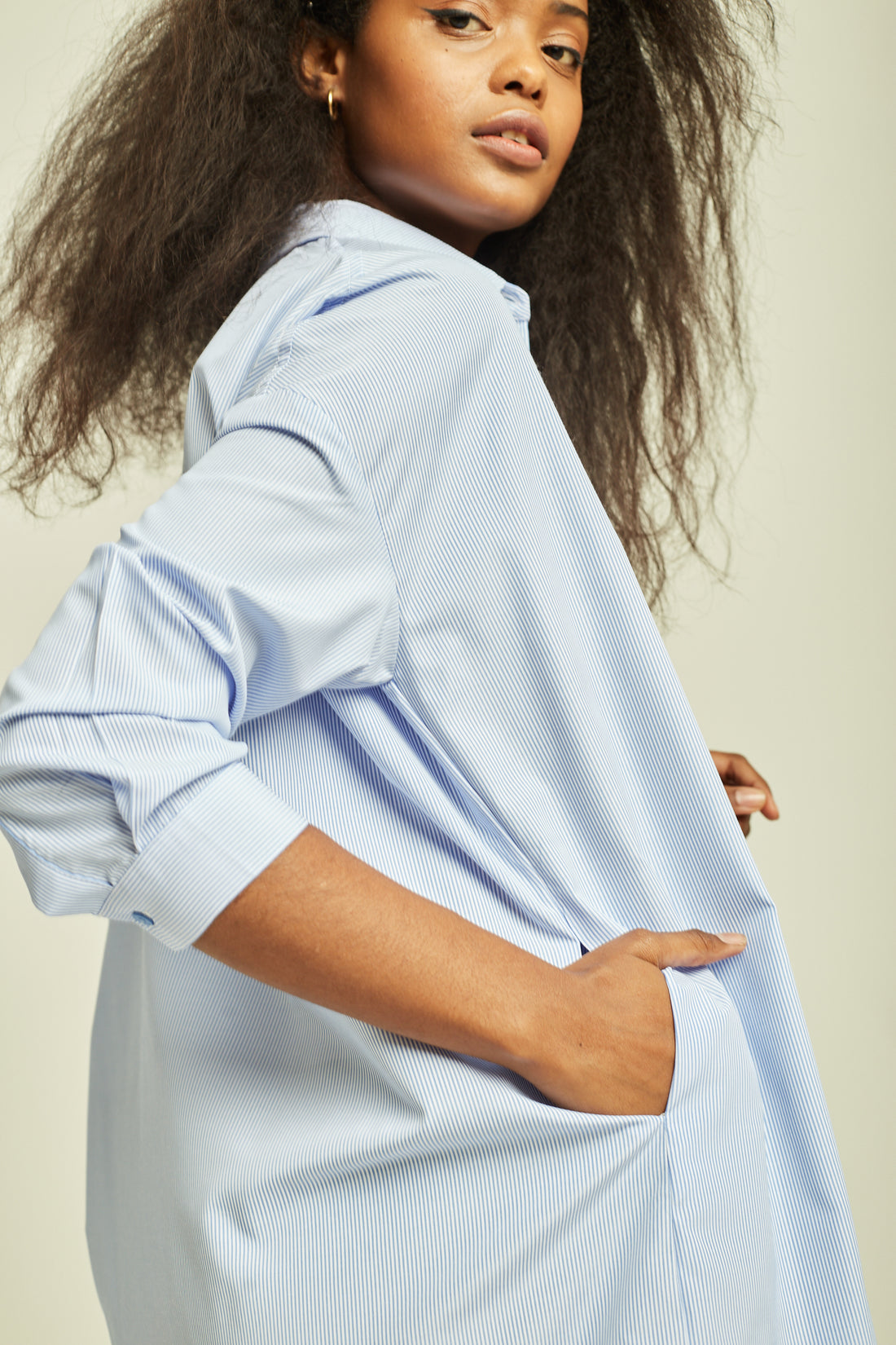 Deluc Lila Blue White Pinstripe Shirt Mini Dress