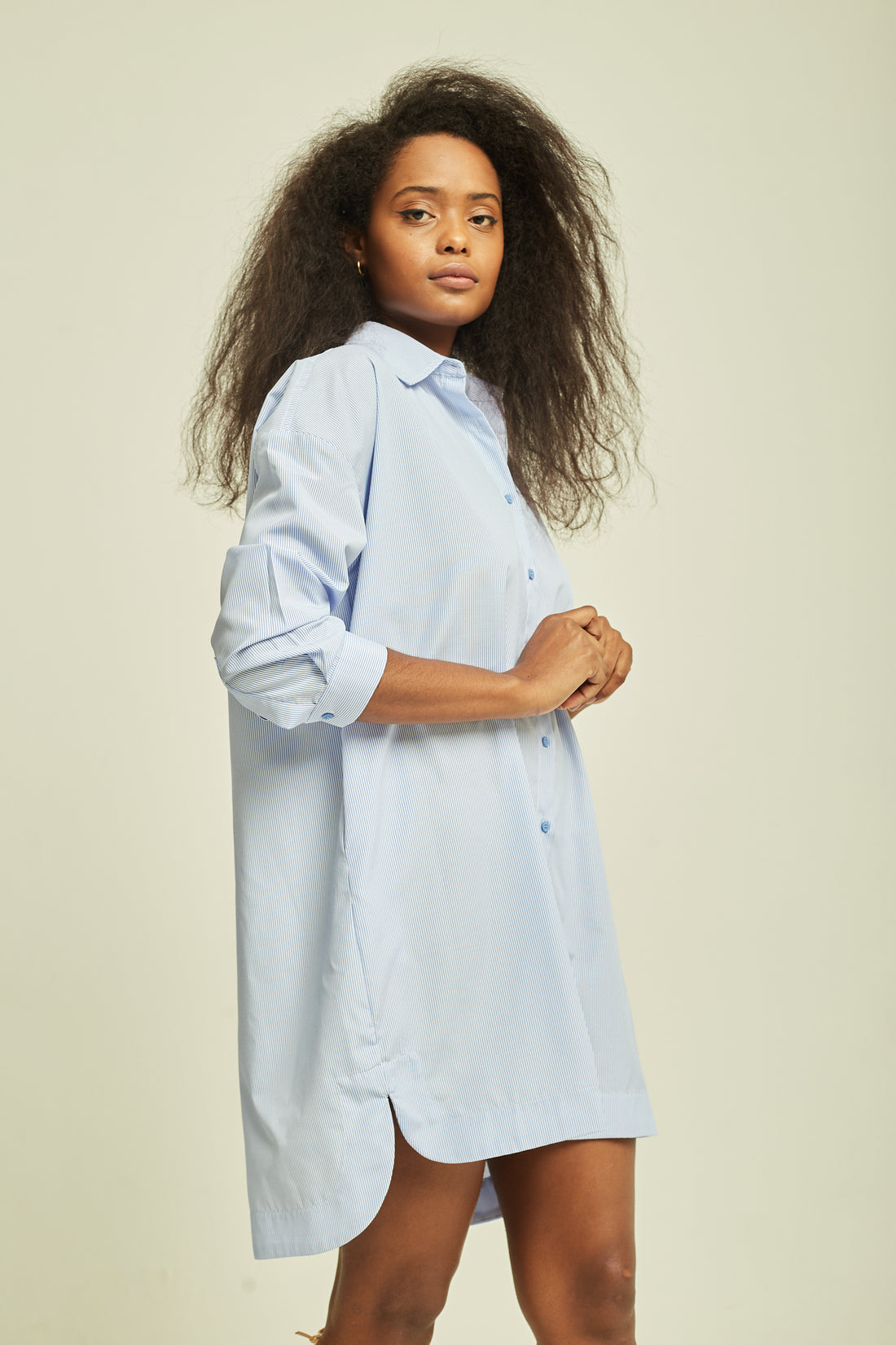 Deluc Lila Blue White Pinstripe Shirt Mini Dress
