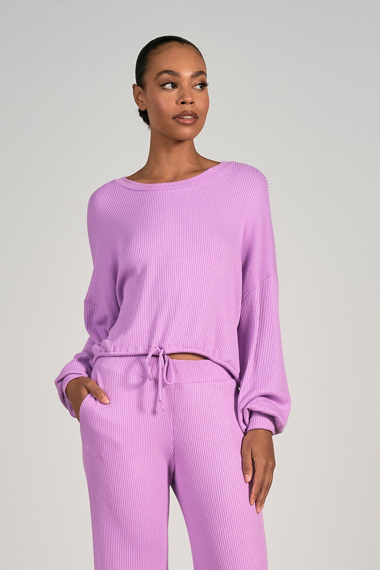 Elan Lavender Ribbed Drawstring Top