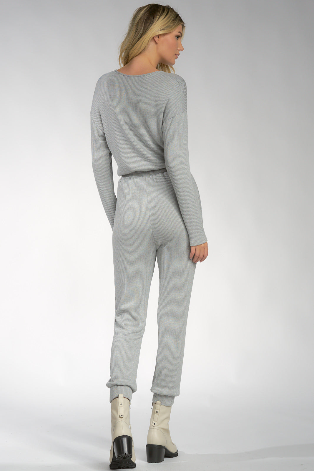 Grey Long Sleeve V-Neck Jumpsuit