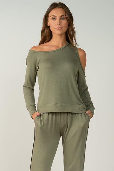 Elan Olive Green One Shoulder Crew Neck Top