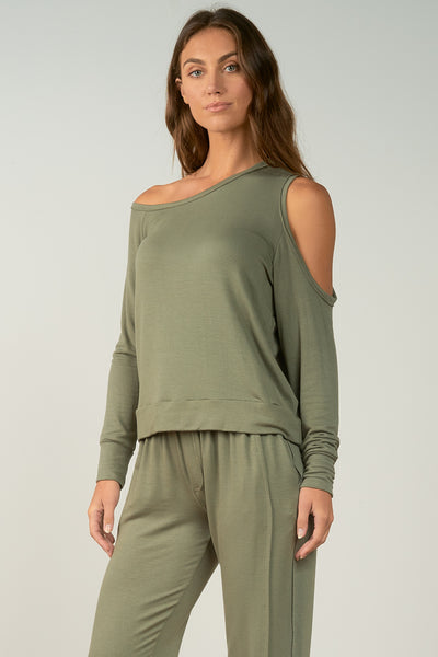 Elan Olive Green One Shoulder Crew Neck Top