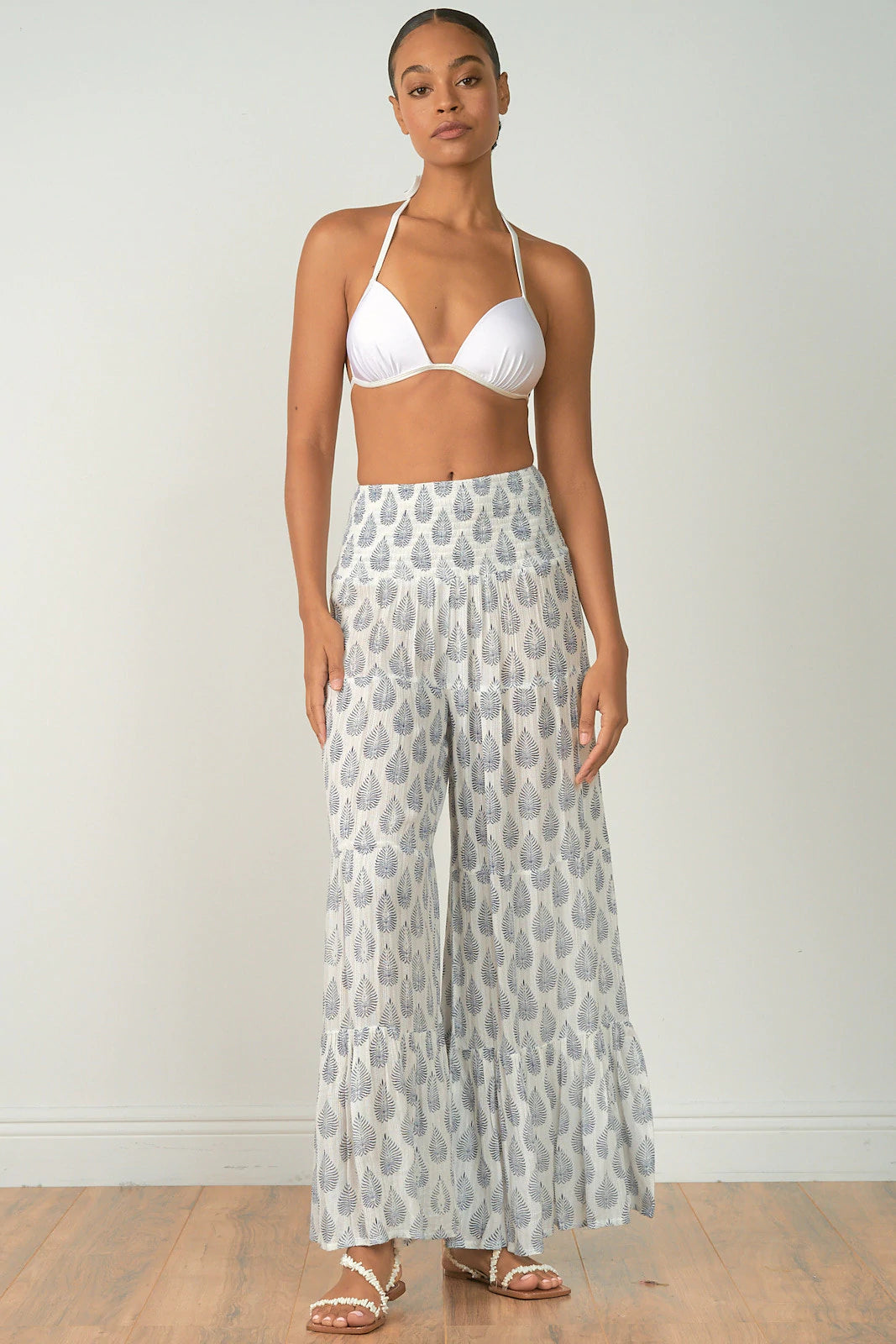 Elan Off White Navy Leaf Print Wide Leg Ruffle Pants