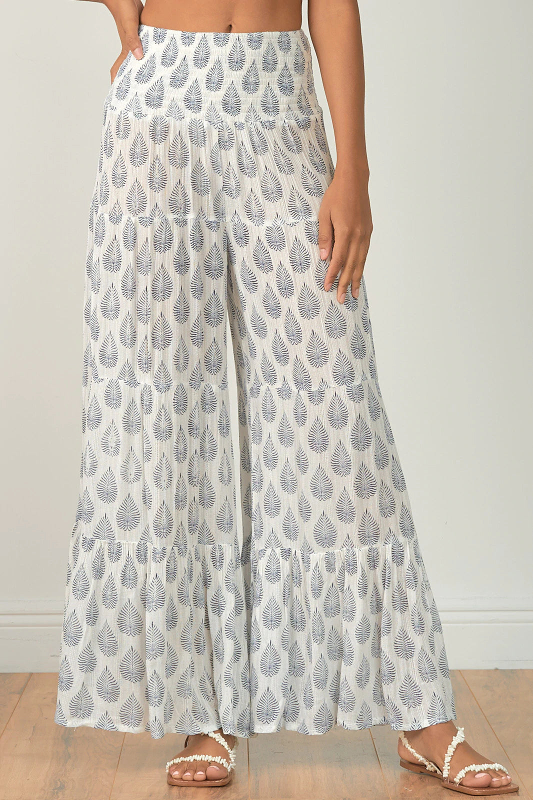 Elan Off White Navy Leaf Print Wide Leg Ruffle Pants