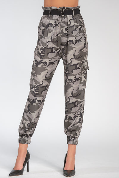 Olive Green Camouflage Paperbag Waist Jogger Pants