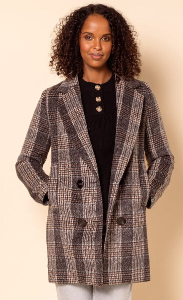 Charcoal Grey Plaid Double Breasted Coat