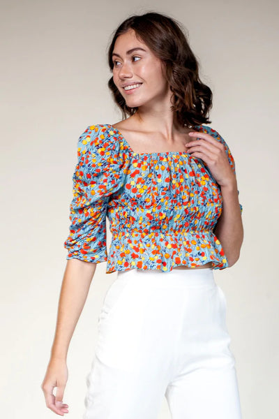 Pink Martini Provence Orange Printed Smocked Top