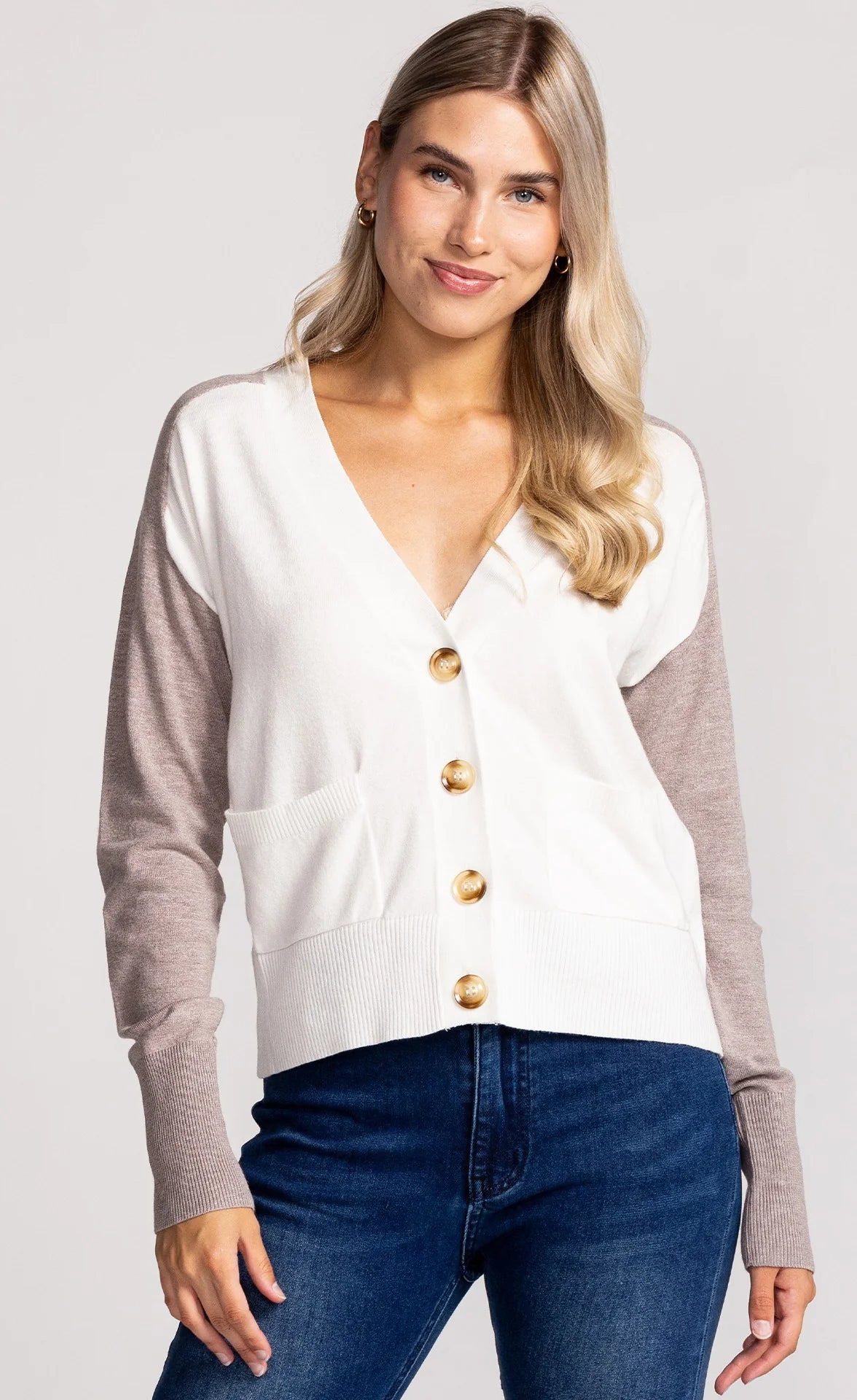 Pink Martini White Beige Colorblock Cardigan Sweater