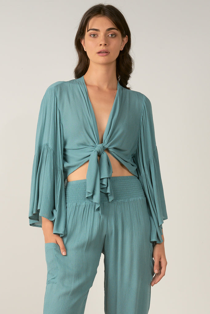 Elan Jade Green Wrap Tie Front Top