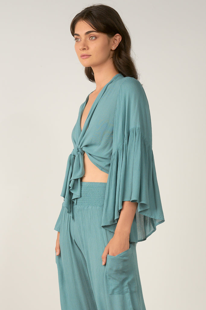 Elan Jade Green Wrap Tie Front Top