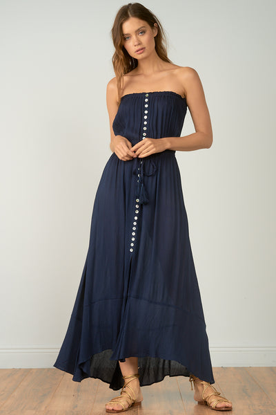 Elan Navy Strapless Front Slit Maxi Dress