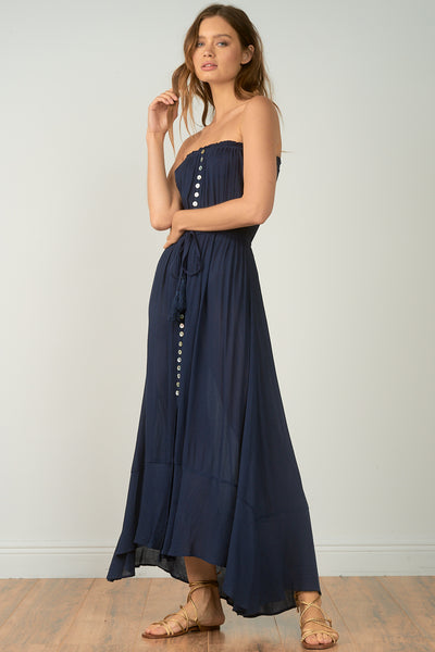 Elan Navy Strapless Front Slit Maxi Dress