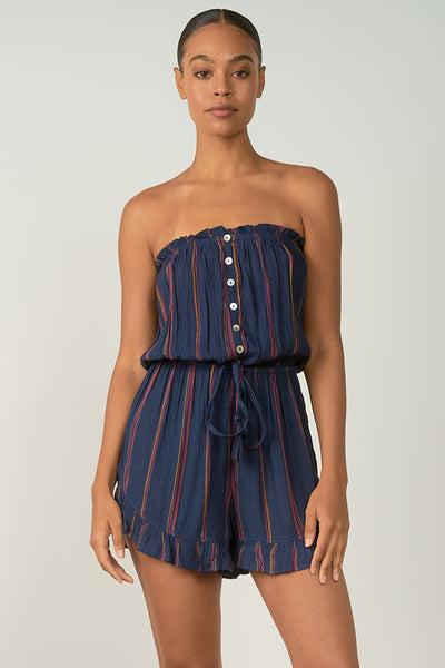 Elan Navy Rose Striped Strapless Shorts Romper