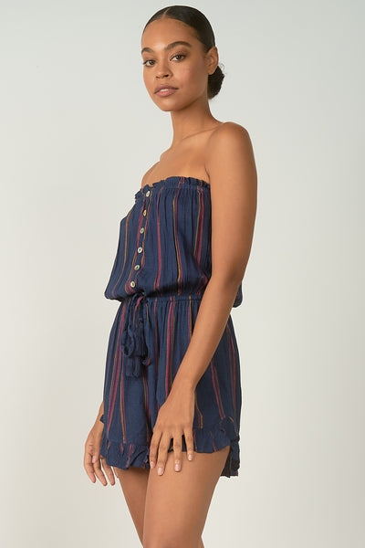 Elan Navy Rose Striped Strapless Shorts Romper