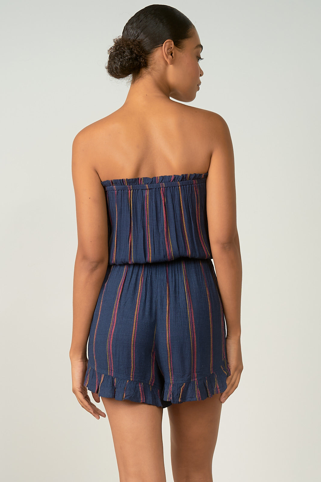 Elan Navy Rose Striped Strapless Shorts Romper