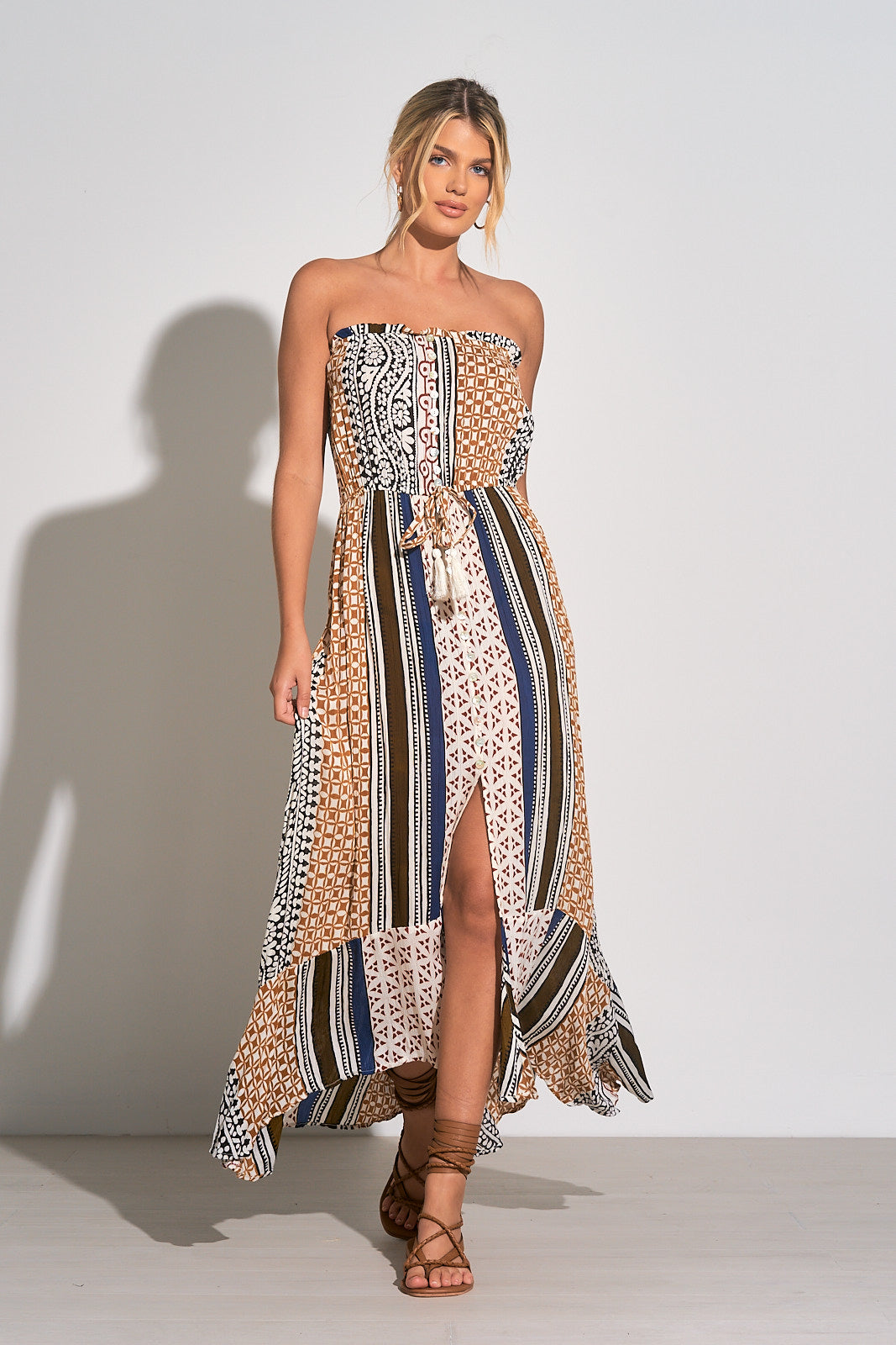 Elan Brown Marrakesh Print Strapless Maxi Dress