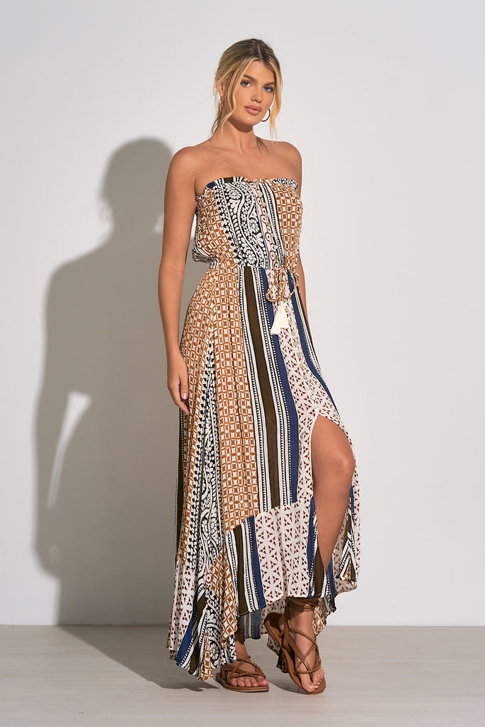 Elan Brown Marrakesh Print Strapless Maxi Dress