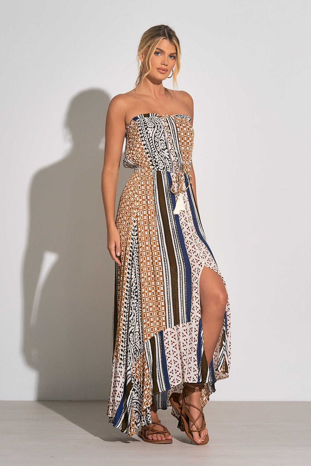 Elan Brown Marrakesh Print Strapless Maxi Dress at Maria Vincent Boutique