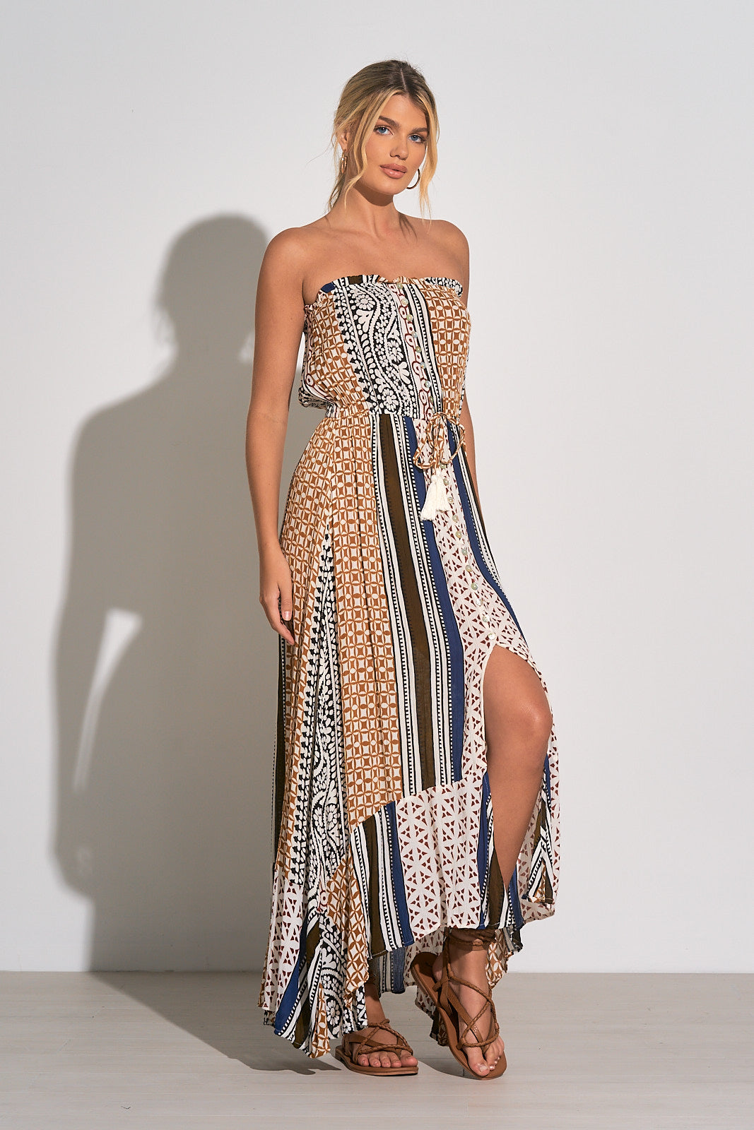 Elan Brown Marrakesh Print Strapless Maxi Dress Elan Brown Marrakesh Print Strapless Maxi Dress