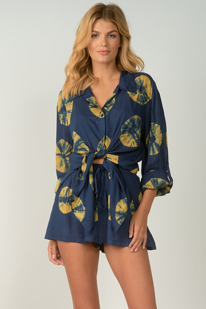 Elan Navy Gold Batik Short Sleeve Button Top