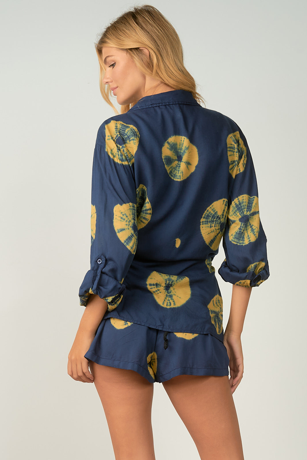 Elan Navy Gold Batik Short Sleeve Button Top