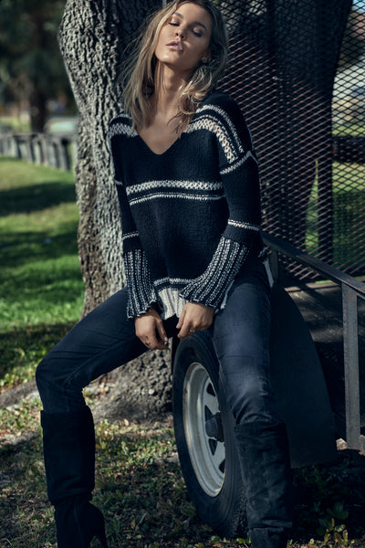 Black V-Neck Sweater with Crochet Detailing