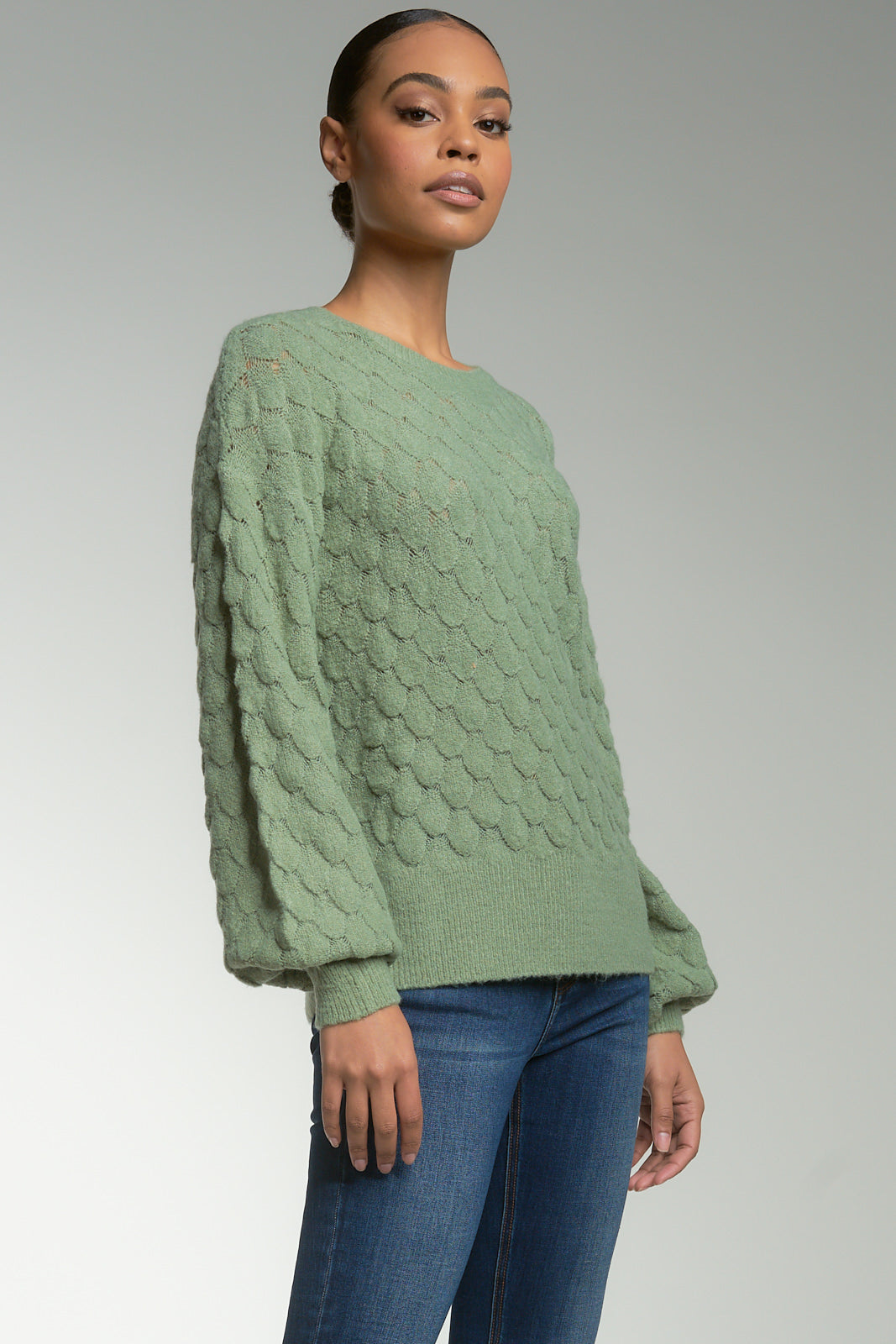 Green Leaf Crewneck Sweater with Bubble Texture