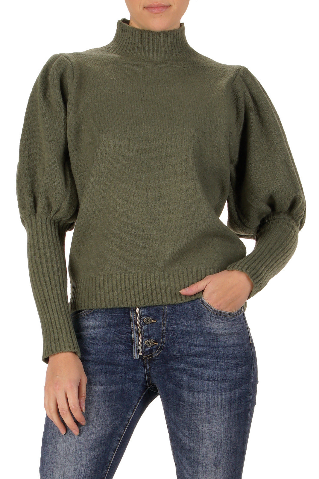 Mock Neck Sweater with Puffy Sleeves