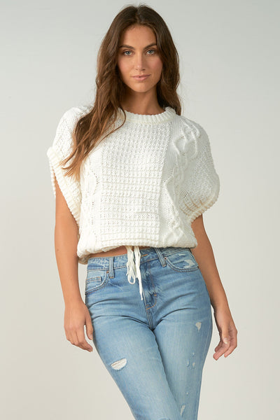 Elan Off White Cap Sleeve Cable Knit Crop Sweater
