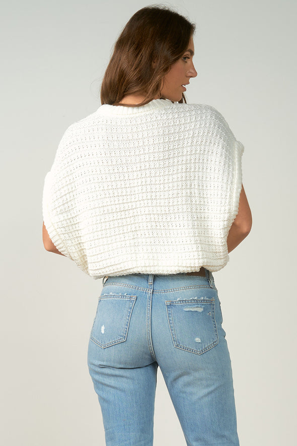 Elan Off White Cap Sleeve Cable Knit Crop Sweater