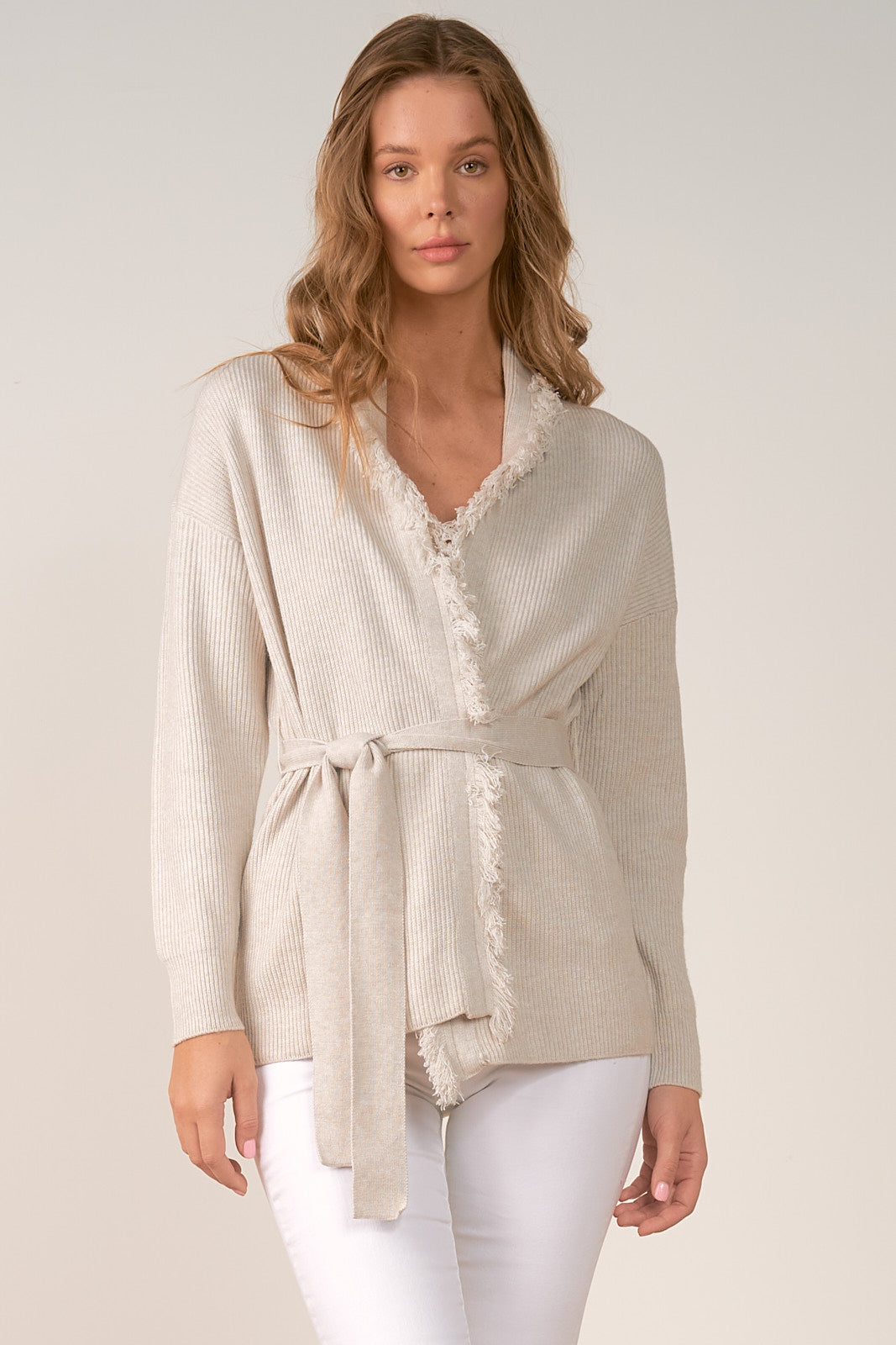 Elan Ash Grey Fringed Cardigan Sweater with Belt
