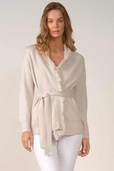 Elan Ash Grey Fringed Cardigan Sweater with Belt