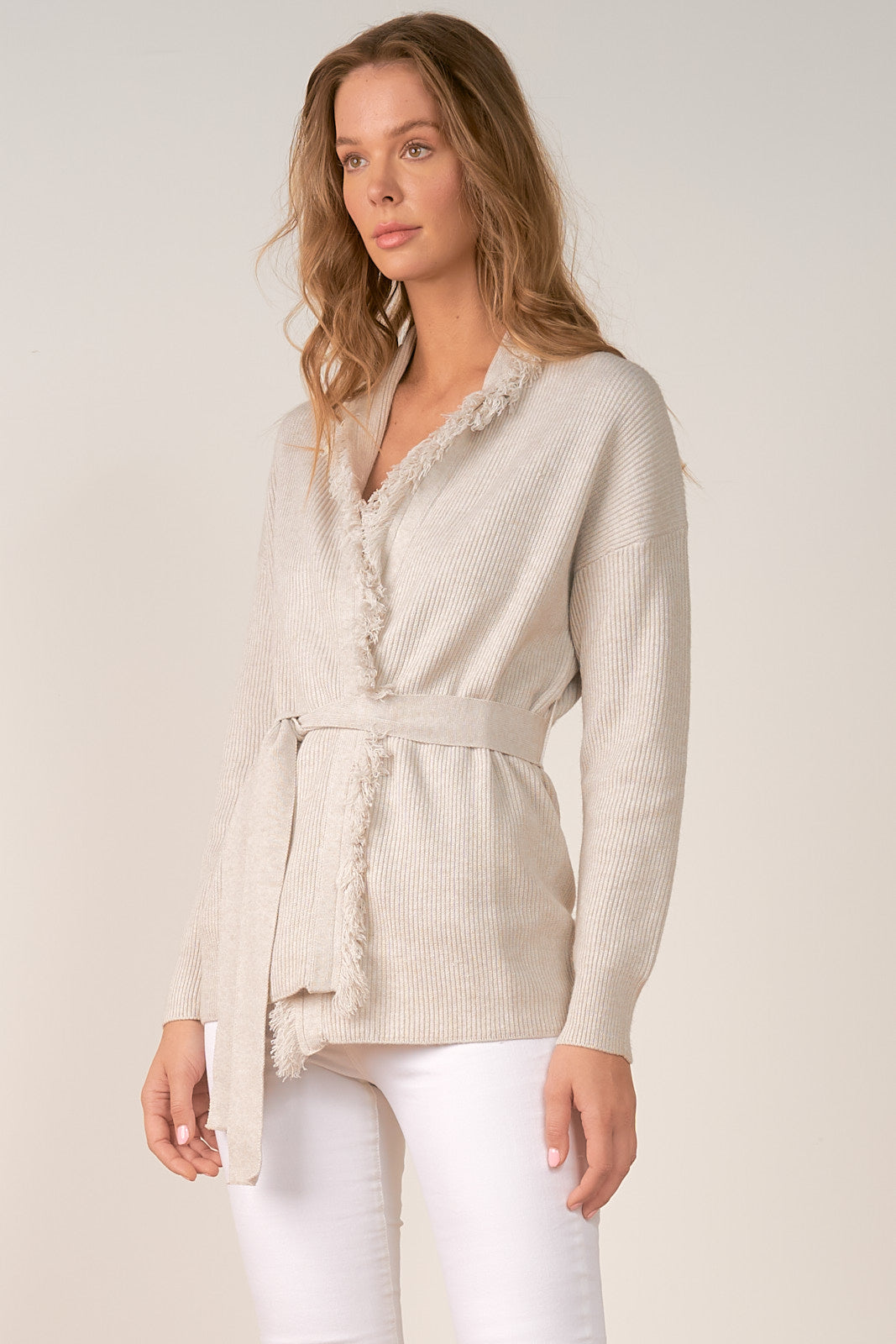 Elan Ash Grey Fringed Cardigan Sweater with Belt