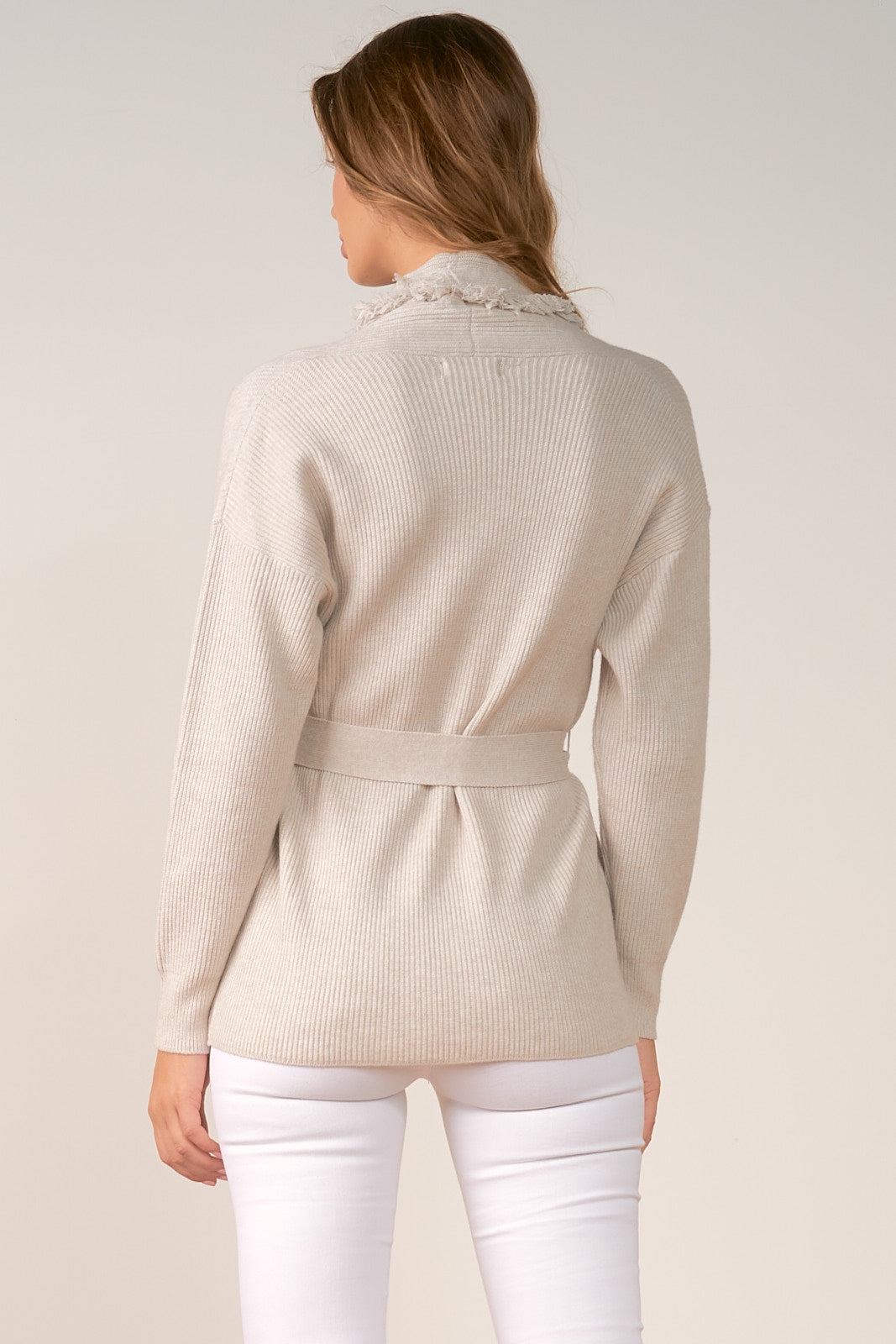 Elan Ash Grey Fringed Cardigan Sweater with Belt